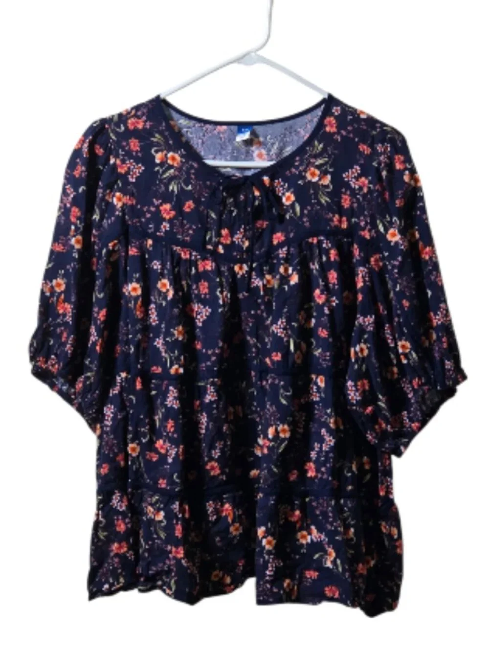 Old Navy XXL Navy Floral Boho Peasant Blouse Cotton Rayon Puff Sleeve Top
